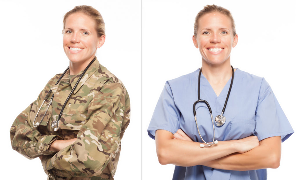 Veteran Soldier Army doctor or nurse in uniform on white background.