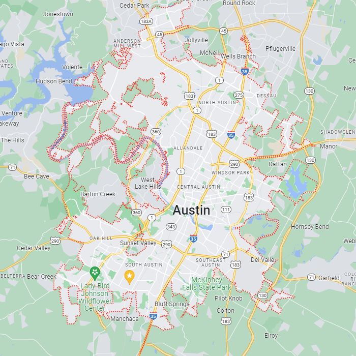 Map of Austin, TX. Part of Thompson Lehman's service area