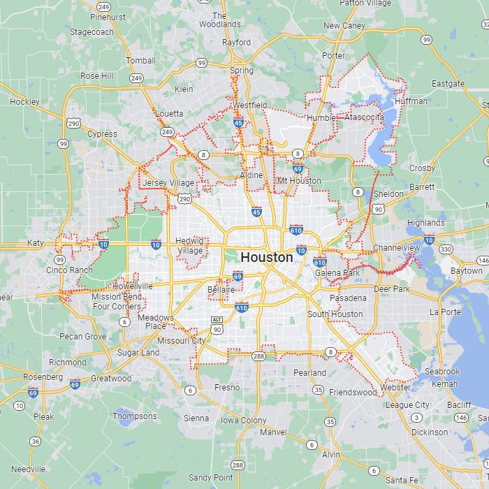 The map of houston with grid view where you can check out the roads in yellow and lands in green