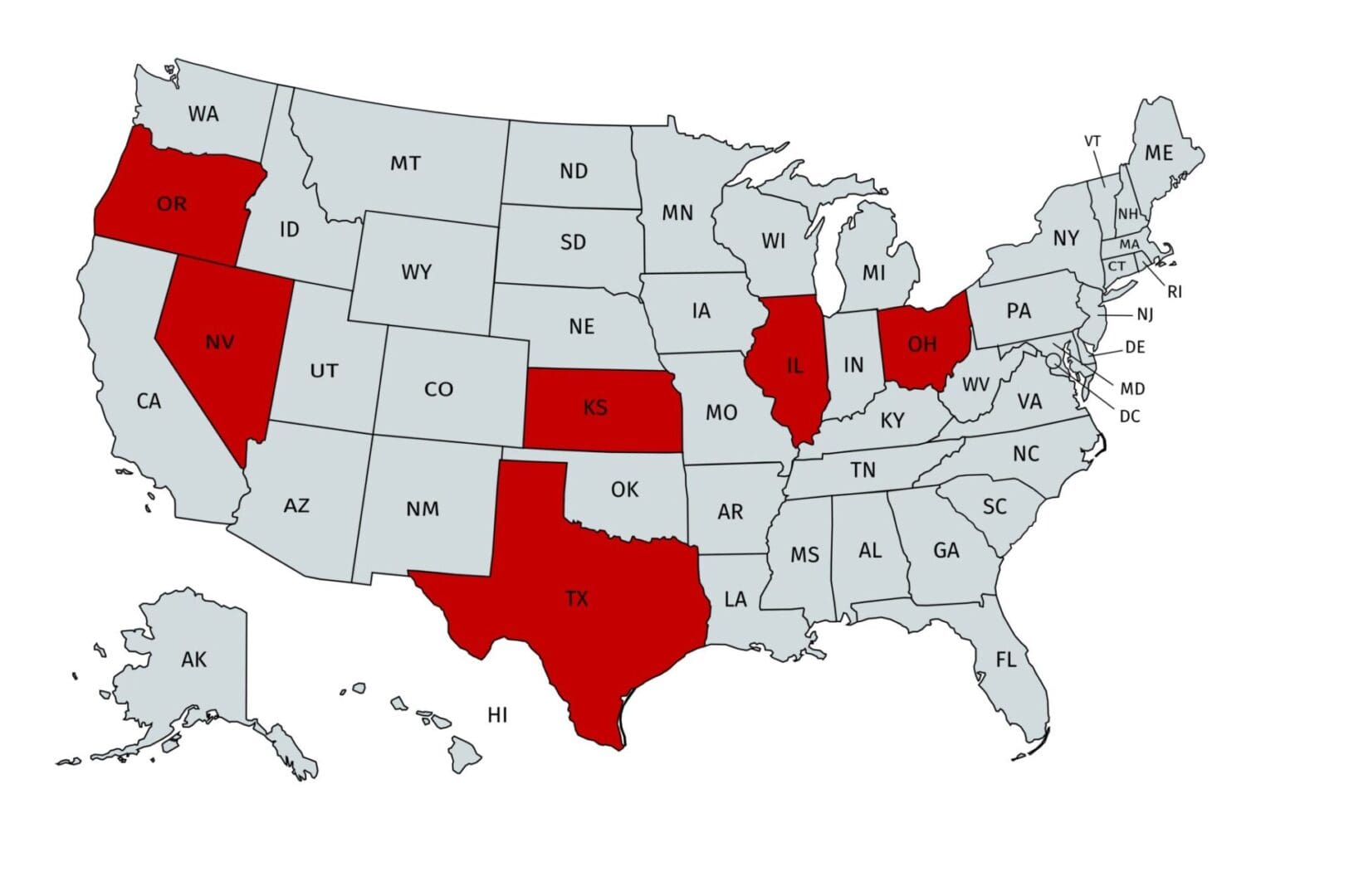 A map of the united states with each state numbered in red.