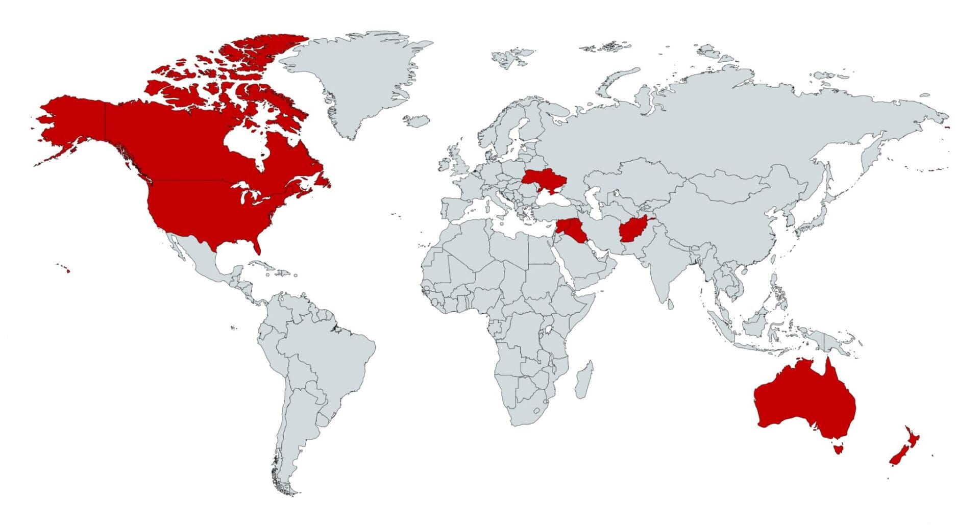 A map of the world with countries marked in red.