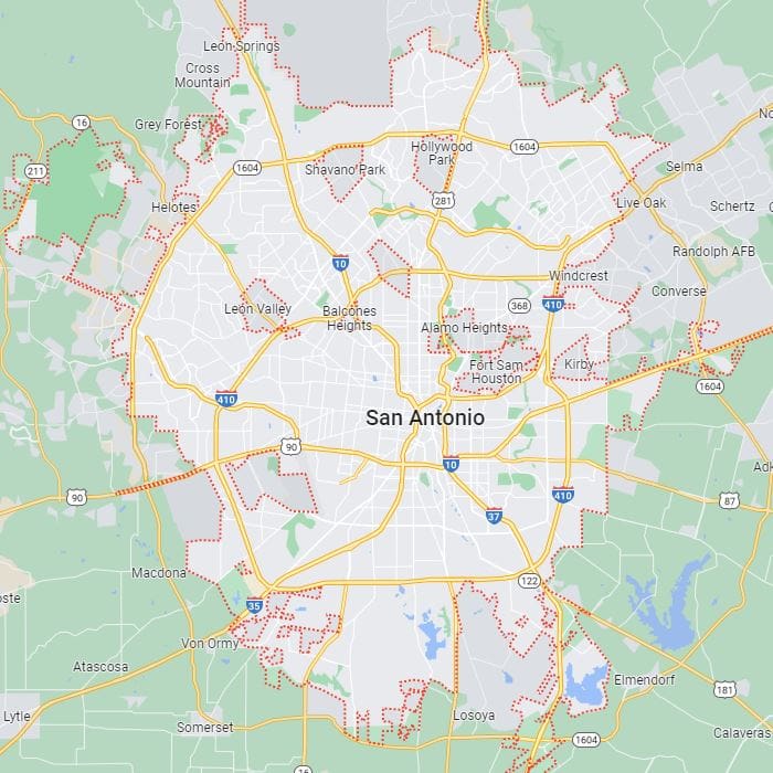 A map of san antonio with the location marked in blue.