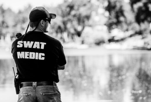SWAT Medic on Duty and on a Call in Black & White Photo